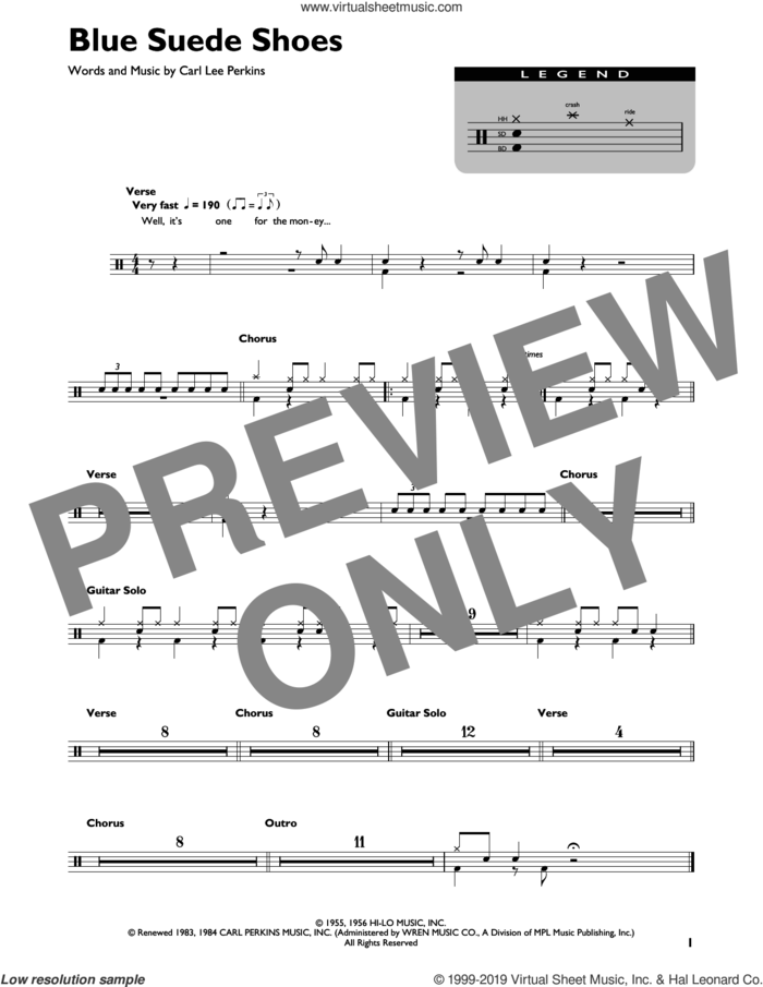 Blue Suede Shoes sheet music for drums (percussions) by Elvis Presley and Carl Perkins, intermediate skill level