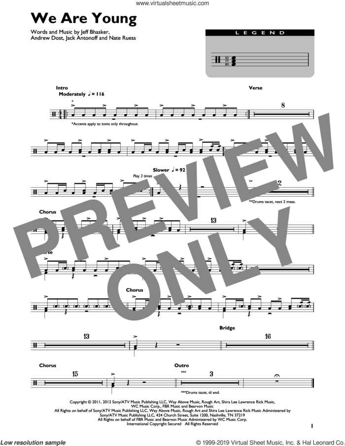 We Are Young sheet music for drums (percussions) by Jeff Bhasker, Fun, fun. featuring Janelle Monae, Andrew Dost, Jack Antonoff and Nate Ruess, intermediate skill level