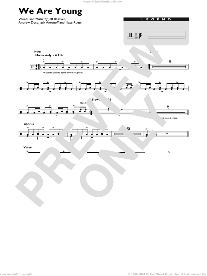 We Are Young sheet music for drums (percussions) by Jeff Bhasker, Fun, fun. featuring Janelle Monae, Andrew Dost, Jack Antonoff and Nate Ruess, intermediate skill level