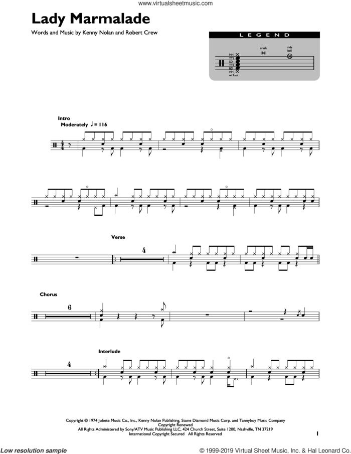 Lady Marmalade sheet music for drums (percussions) by Patti LaBelle, Kenny Nolan and Robert Crew, intermediate skill level