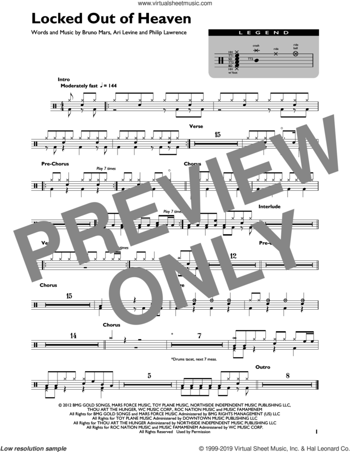Locked Out Of Heaven sheet music for drums (percussions) by Bruno Mars, Ari Levine and Philip Lawrence, intermediate skill level