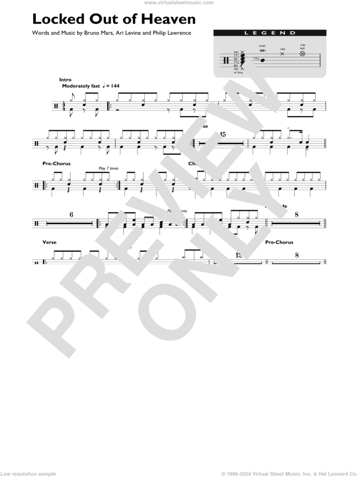 Locked Out Of Heaven sheet music for drums (percussions) by Bruno Mars, Ari Levine and Philip Lawrence, intermediate skill level