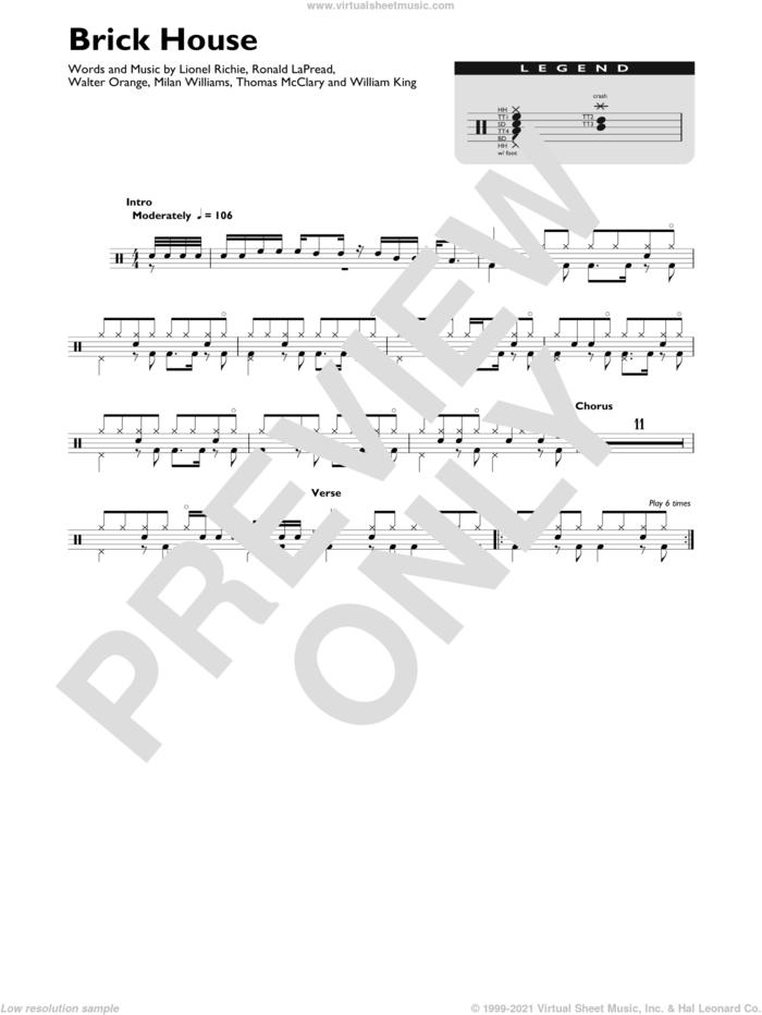 Brick House sheet music for drums (percussions) by Lionel Richie, The Commodores, Milan Williams, Ronald LaPread, Thomas McClary, Walter Orange and William King, intermediate skill level