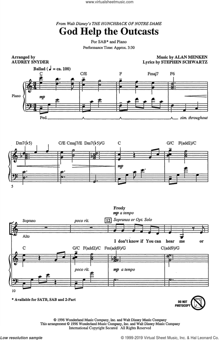 God Help The Outcasts (from The Hunchback Of Notre Dame) (arr. Audrey Snyder) sheet music for choir (SAB: soprano, alto, bass) by Bette Midler, Audrey Snyder, Alan Menken and Stephen Schwartz, intermediate skill level