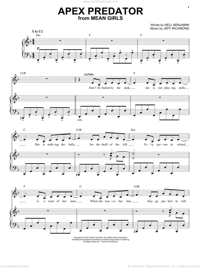 Apex Predator (from Mean Girls: The Broadway Musical) sheet music for voice and piano by Nell Benjamin, Jeff Richmond and Jeff Richmond & Nell Benjamin, intermediate skill level