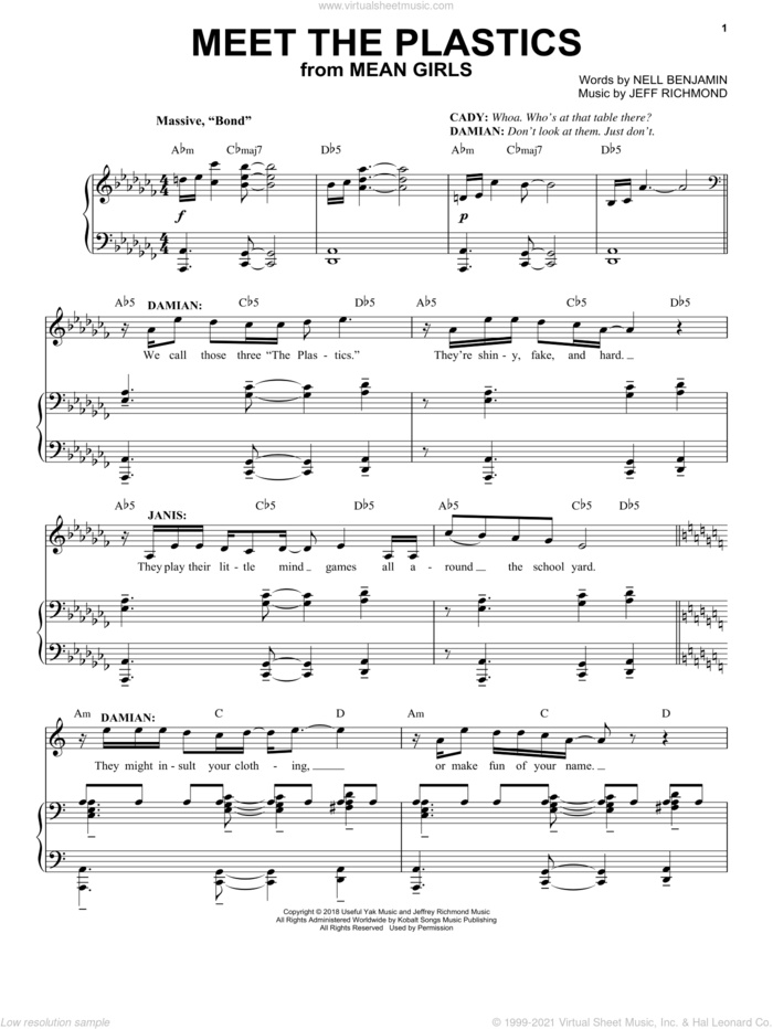 Meet The Plastics (from Mean Girls: The Broadway Musical) sheet music for voice and piano by Nell Benjamin, Jeff Richmond and Jeff Richmond & Nell Benjamin, intermediate skill level