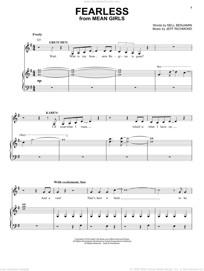 Fearless (from Mean Girls: The Broadway Musical) sheet music for voice and piano by Nell Benjamin, Jeff Richmond and Jeff Richmond & Nell Benjamin, intermediate skill level
