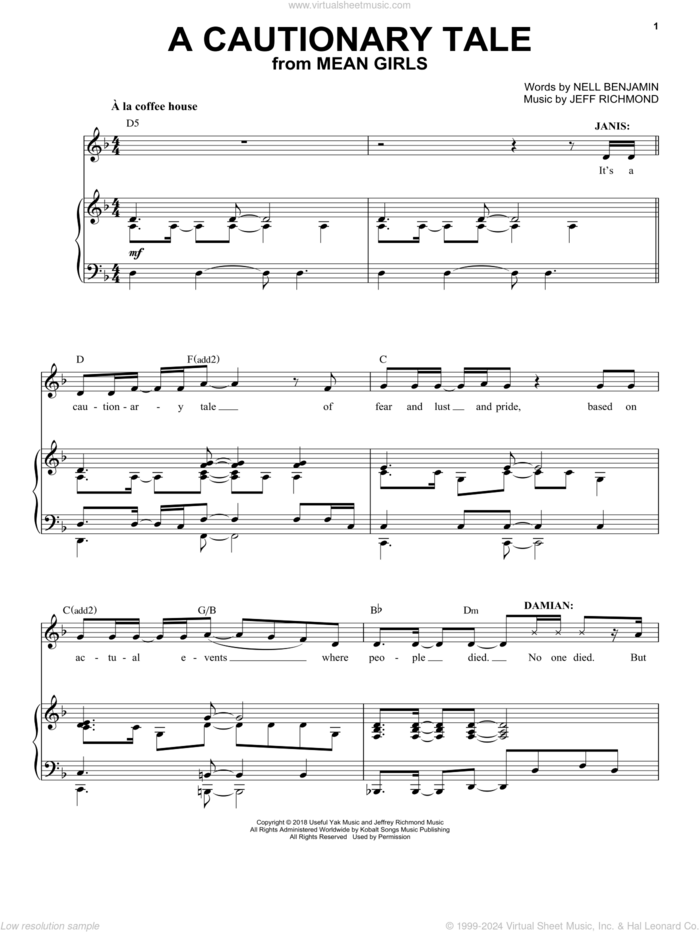 A Cautionary Tale (from Mean Girls: The Broadway Musical) sheet music for voice and piano by Nell Benjamin, Jeff Richmond and Jeff Richmond & Nell Benjamin, intermediate skill level