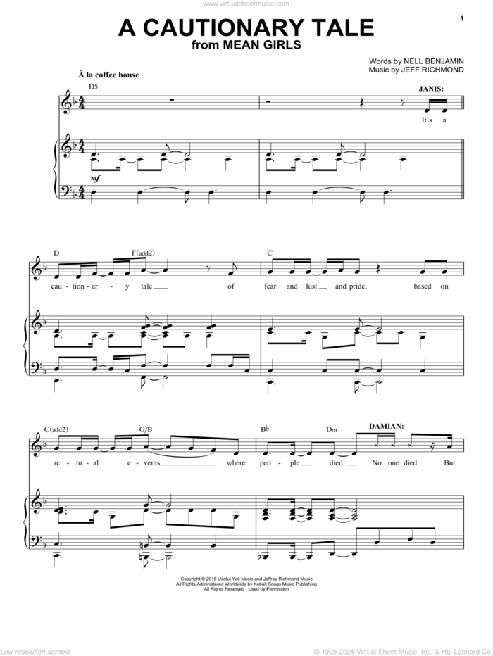 A Cautionary Tale (from Mean Girls: The Broadway Musical) sheet music for voice and piano by Nell Benjamin, Jeff Richmond and Jeff Richmond & Nell Benjamin, intermediate skill level