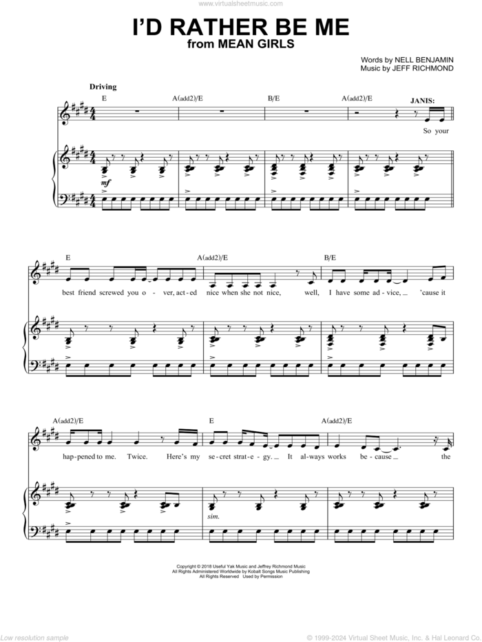 I'd Rather Be Me (from Mean Girls: The Broadway Musical) sheet music for voice and piano by Nell Benjamin, Jeff Richmond and Jeff Richmond & Nell Benjamin, intermediate skill level