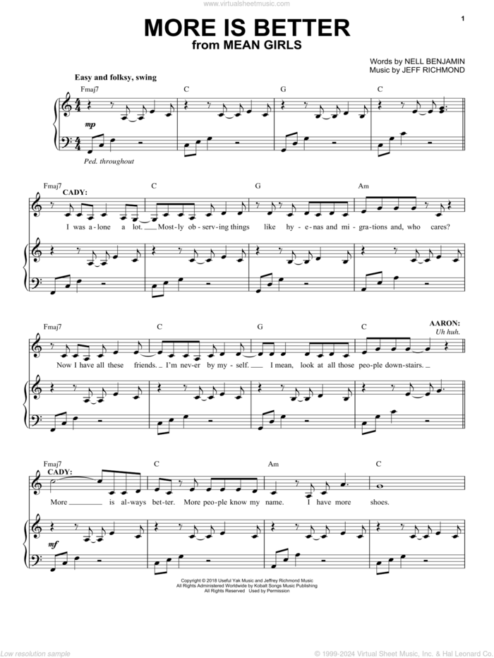 More Is Better (from Mean Girls: The Broadway Musical) sheet music for voice and piano by Nell Benjamin, Jeff Richmond and Jeff Richmond & Nell Benjamin, intermediate skill level
