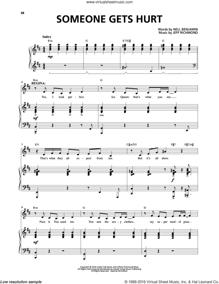 Someone Gets Hurt (from Mean Girls: The Broadway Musical) sheet music for voice and piano by Nell Benjamin, Jeff Richmond and Jeff Richmond & Nell Benjamin, intermediate skill level