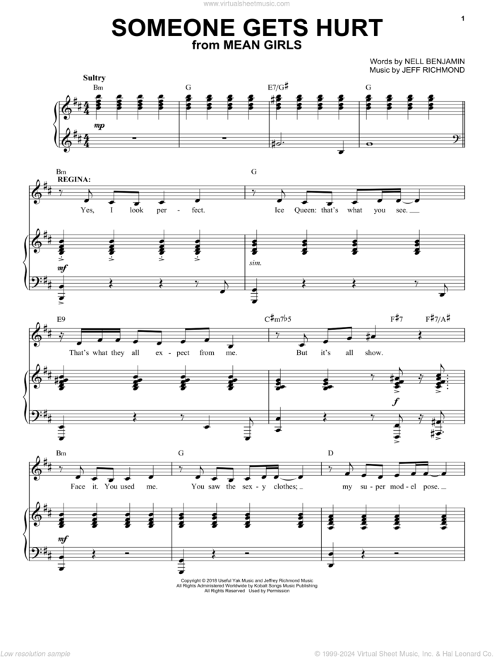 Someone Gets Hurt (from Mean Girls: The Broadway Musical) sheet music for voice and piano by Nell Benjamin, Jeff Richmond and Jeff Richmond & Nell Benjamin, intermediate skill level