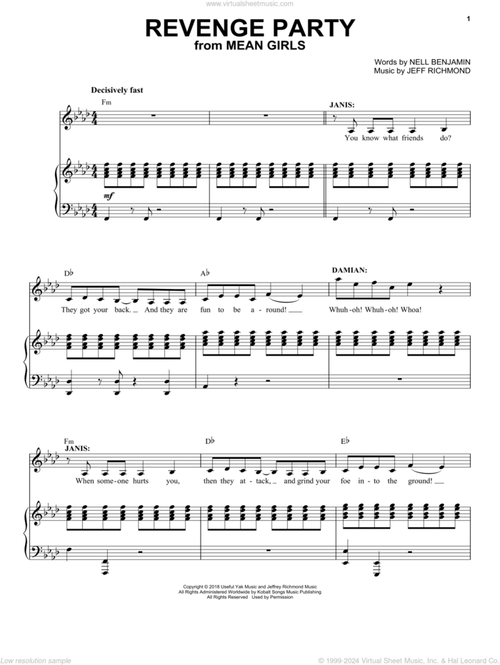 Revenge Party (from Mean Girls: The Broadway Musical) sheet music for voice and piano by Nell Benjamin, Jeff Richmond and Jeff Richmond & Nell Benjamin, intermediate skill level