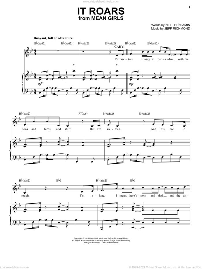 It Roars (from Mean Girls: The Broadway Musical) sheet music for voice and piano by Nell Benjamin, Jeff Richmond and Jeff Richmond & Nell Benjamin, intermediate skill level
