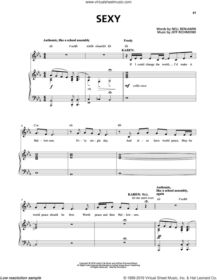 Sexy (from Mean Girls: The Broadway Musical) sheet music for voice and piano by Nell Benjamin, Jeff Richmond and Jeff Richmond & Nell Benjamin, intermediate skill level