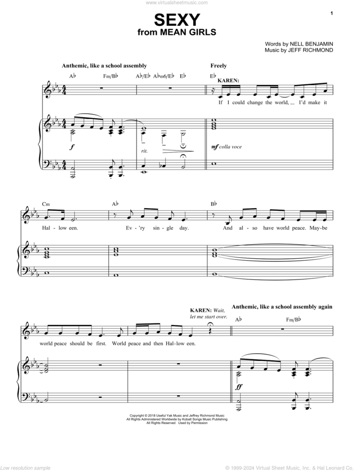 Sexy (from Mean Girls: The Broadway Musical) sheet music for voice and piano by Nell Benjamin, Jeff Richmond and Jeff Richmond & Nell Benjamin, intermediate skill level