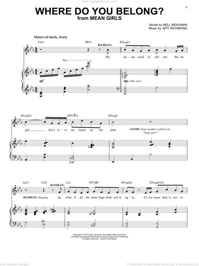 Where Do You Belong? (from Mean Girls: The Broadway Musical) sheet music for voice and piano by Nell Benjamin, Jeff Richmond and Jeff Richmond & Nell Benjamin, intermediate skill level