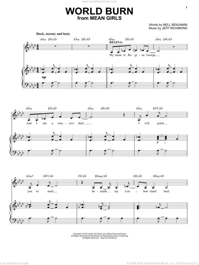 World Burn (from Mean Girls: The Broadway Musical) sheet music for voice and piano by Nell Benjamin, Jeff Richmond and Jeff Richmond & Nell Benjamin, intermediate skill level