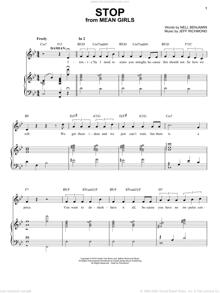 Stop (from Mean Girls: The Broadway Musical) sheet music for voice and piano by Nell Benjamin, Jeff Richmond and Jeff Richmond & Nell Benjamin, intermediate skill level
