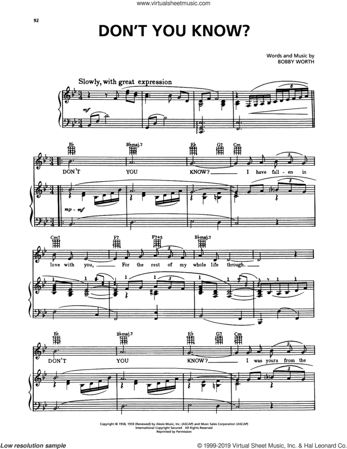 Don't You Know? (from A Bronx Tale) sheet music for voice, piano or guitar by Della Reese and Bobby Worth, intermediate skill level