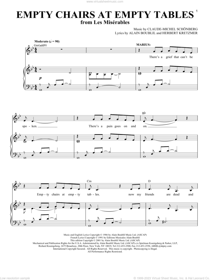 Empty Chairs At Empty Tables (from Les Miserables) sheet music for voice and piano by Alain Boublil, Richard Walters, Boublil and Schonberg, Claude-Michel Schonberg and Herbert Kretzmer, intermediate skill level