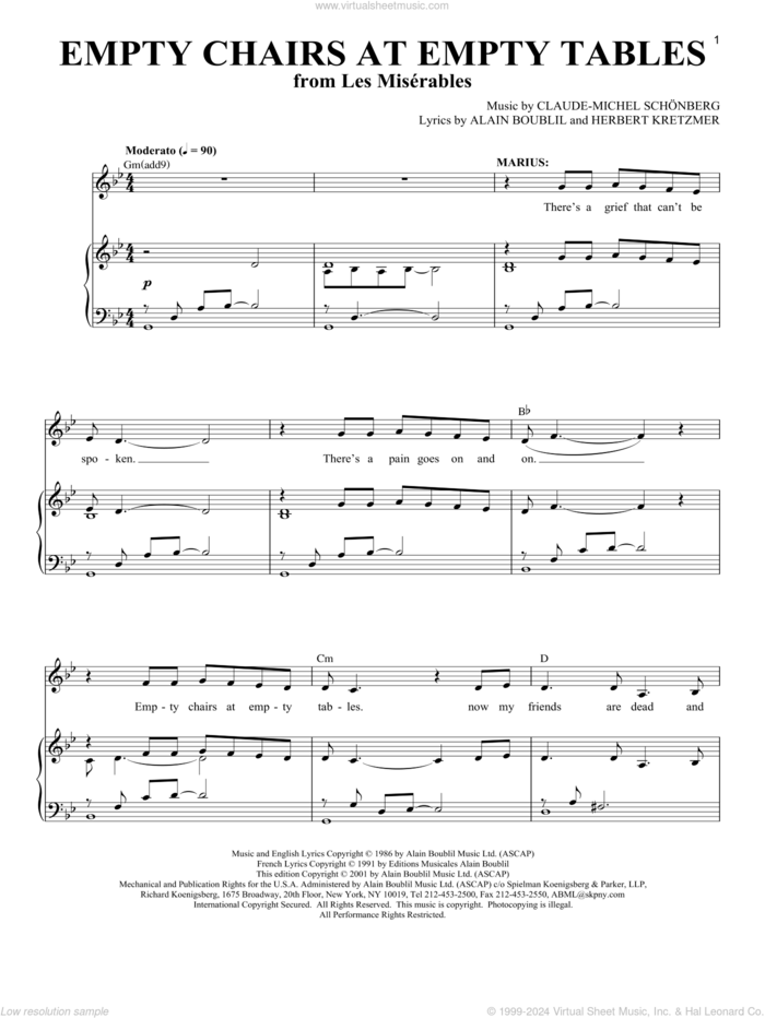 Empty Chairs At Empty Tables (from Les Miserables) sheet music for voice and piano by Alain Boublil, Richard Walters, Boublil and Schonberg, Claude-Michel Schonberg and Herbert Kretzmer, intermediate skill level