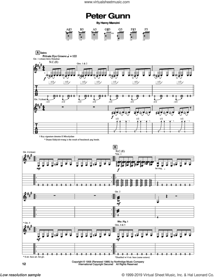 Peter Gunn sheet music for guitar (tablature) by Henry Mancini, intermediate skill level