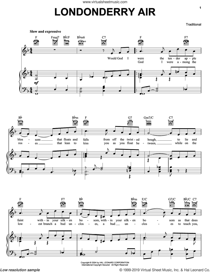 Londonderry Air sheet music for voice, piano or guitar, intermediate skill level