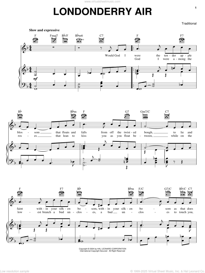 Londonderry Air sheet music for voice, piano or guitar, intermediate skill level