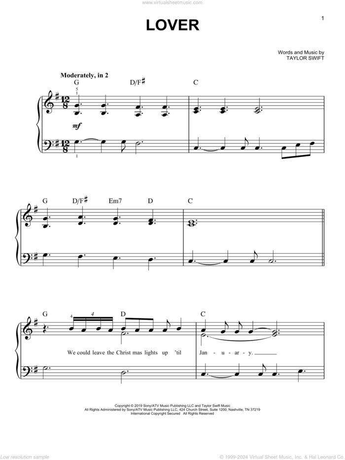 Lover, (easy) sheet music for piano solo by Taylor Swift, easy skill level