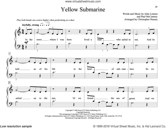 Yellow Submarine (arr. Christopher Hussey) sheet music for piano four hands by The Beatles, Christopher Hussey, John Lennon and Paul McCartney, intermediate skill level