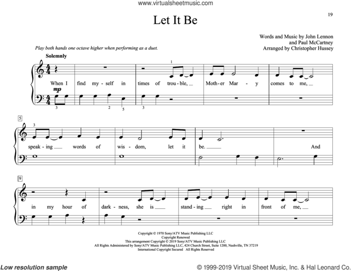 Let It Be (arr. Christopher Hussey) sheet music for piano four hands by The Beatles, Christopher Hussey, John Lennon and Paul McCartney, intermediate skill level