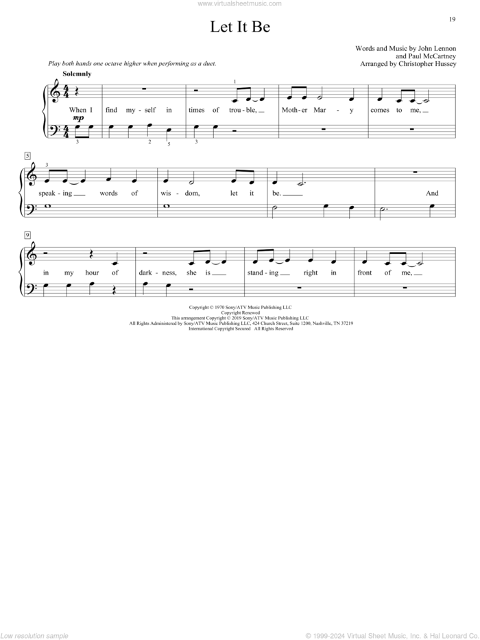 Let It Be (arr. Christopher Hussey) sheet music for piano four hands by The Beatles, Christopher Hussey, John Lennon and Paul McCartney, intermediate skill level