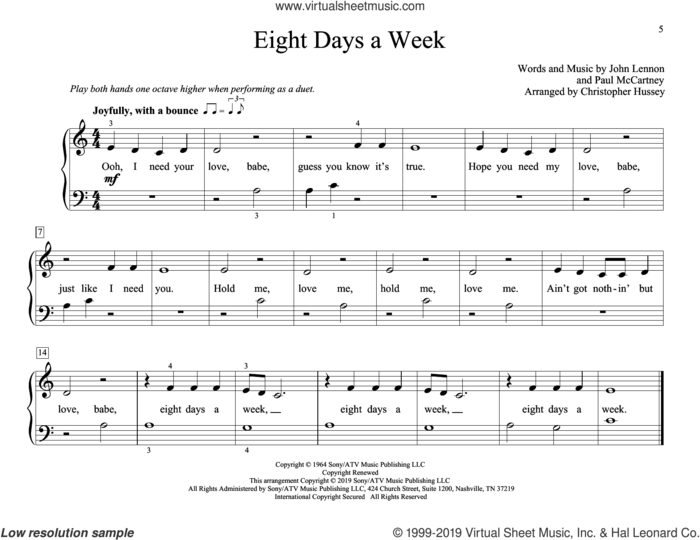 Eight Days A Week (arr. Christopher Hussey) sheet music for piano four hands by The Beatles, Christopher Hussey, John Lennon and Paul McCartney, intermediate skill level