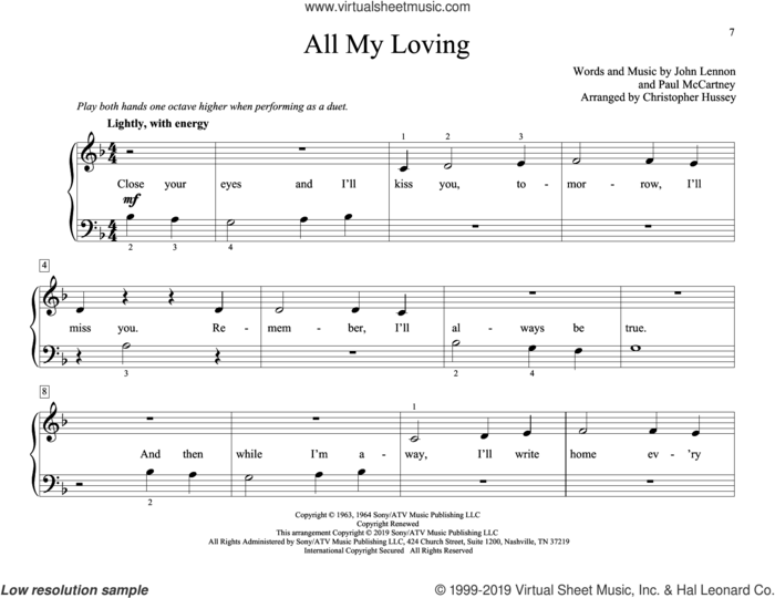 All My Loving (arr. Christopher Hussey) sheet music for piano four hands by The Beatles, Christopher Hussey, John Lennon and Paul McCartney, intermediate skill level