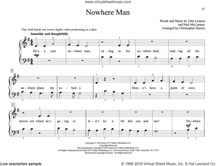 Nowhere Man (arr. Christopher Hussey) sheet music for piano four hands by The Beatles, Christopher Hussey, John Lennon and Paul McCartney, intermediate skill level