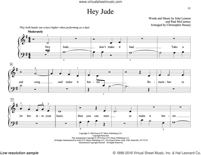 Hey Jude (arr. Christopher Hussey) sheet music for piano four hands by The Beatles, Christopher Hussey, John Lennon and Paul McCartney, intermediate skill level