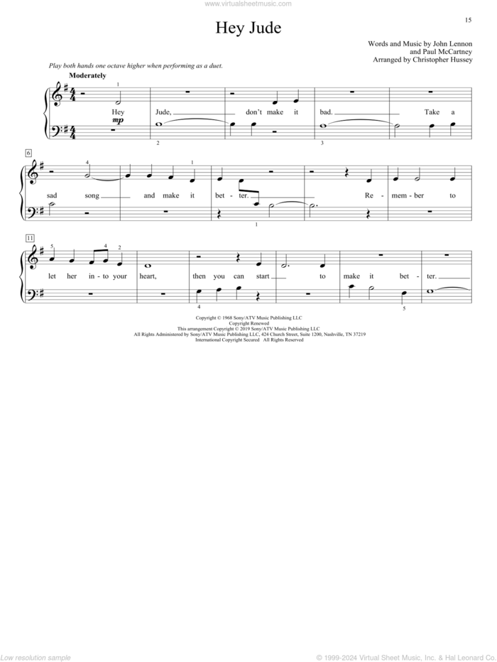 Hey Jude (arr. Christopher Hussey) sheet music for piano four hands by The Beatles, Christopher Hussey, John Lennon and Paul McCartney, intermediate skill level