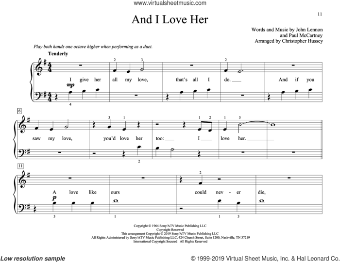 And I Love Her (arr. Christopher Hussey) sheet music for piano four hands by The Beatles, Christopher Hussey, John Lennon and Paul McCartney, intermediate skill level