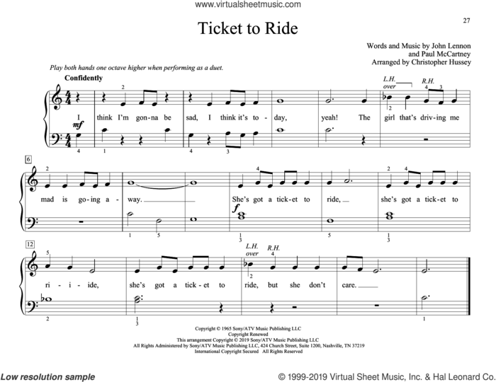 Ticket To Ride (arr. Christopher Hussey) sheet music for piano four hands by The Beatles, Christopher Hussey, John Lennon and Paul McCartney, intermediate skill level