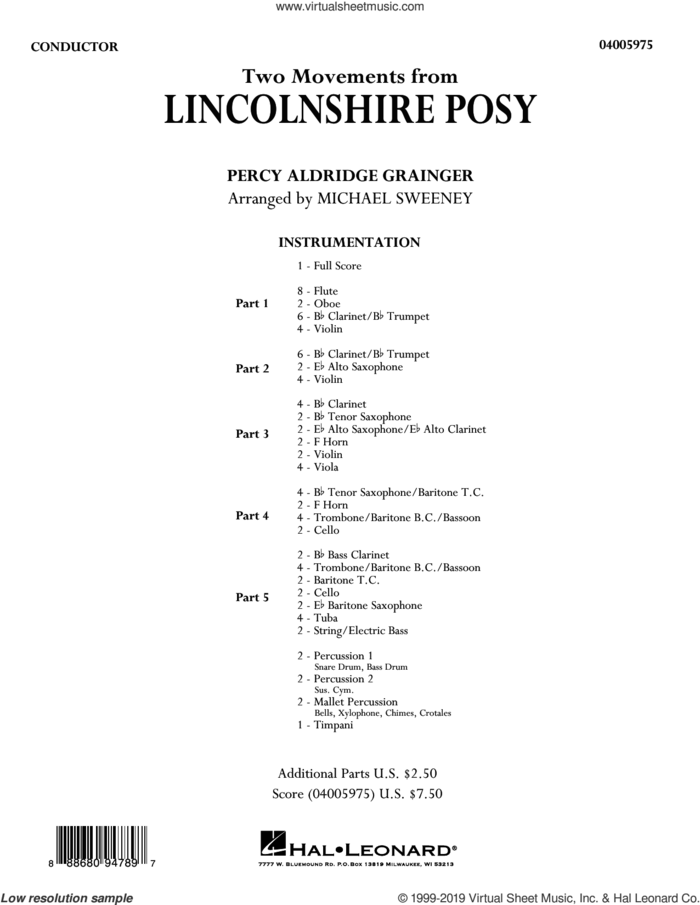 Two Movements from Lincolnshire Posy (arr. Michael Sweeney) (COMPLETE) sheet music for concert band by Michael Sweeney and Percy Aldridge Grainger, intermediate skill level