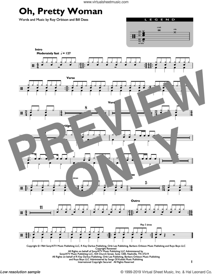 Oh, Pretty Woman sheet music for drums (percussions) by Roy Orbison, Edward Van Halen and Bill Dees, intermediate skill level