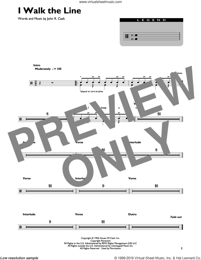 I Walk The Line sheet music for drums (percussions) by Johnny Cash, intermediate skill level