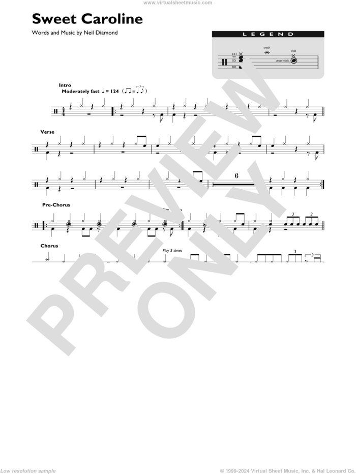 Sweet Caroline sheet music for drums (percussions) by Neil Diamond, intermediate skill level