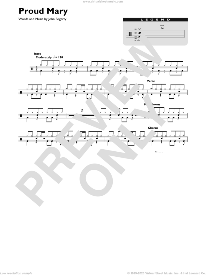 Proud Mary sheet music for drums (percussions) by Ike & Tina Turner, Creedence Clearwater Revival and John Fogerty, intermediate skill level