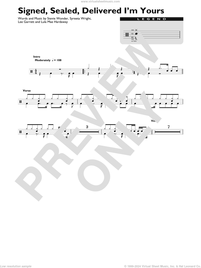 Signed, Sealed, Delivered I'm Yours sheet music for drums (percussions) by Stevie Wonder, Lee Garrett, Lula Mae Hardaway and Syreeta Wright, intermediate skill level