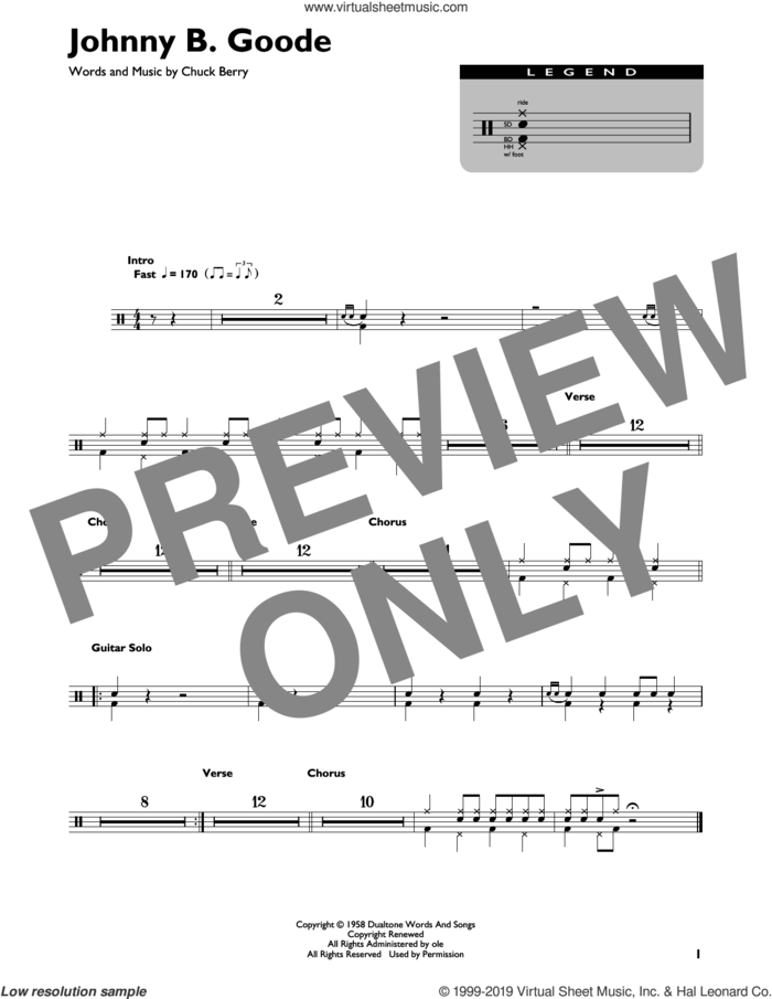 Johnny B. Goode sheet music for drums (percussions) by Chuck Berry, intermediate skill level