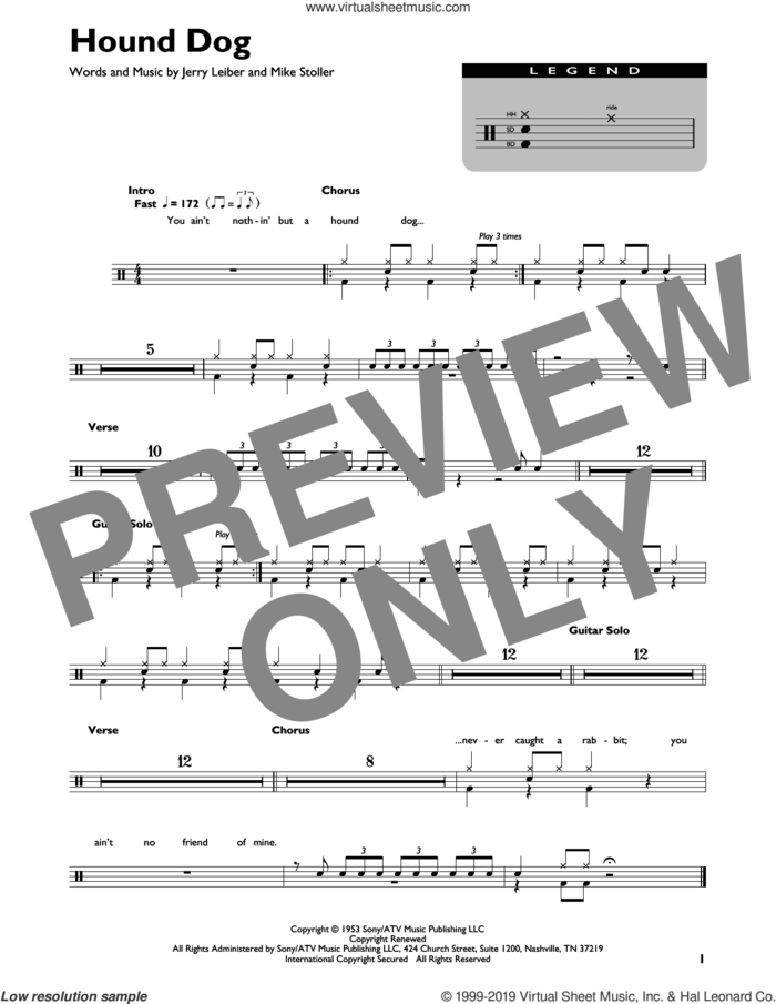 Hound Dog sheet music for drums (percussions) by Elvis Presley, Jerry Leiber and Mike Stoller, intermediate skill level