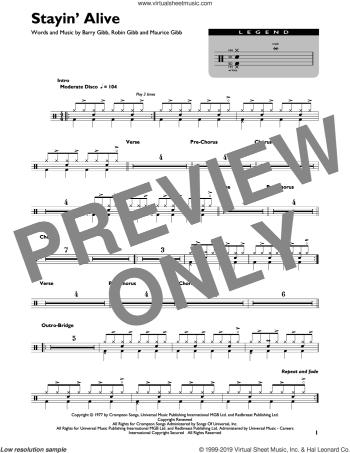 Stayin' Alive sheet music for drums (percussions) by Bee Gees, Barry Gibb, Maurice Gibb and Robin Gibb, intermediate skill level